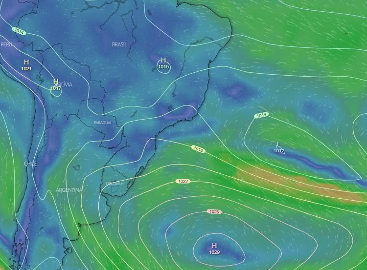 Imagem: estimativa da pressão atmosférica do modelo GFS para 3/4/2021/ Windy.com