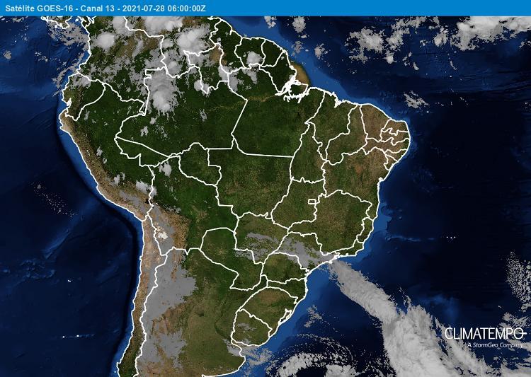 Foto: imagem captada pelo satélite GOES 16 em 28/7/2021 Foto: imagem captada pelo satélite GOES 16 em 28/7/2021