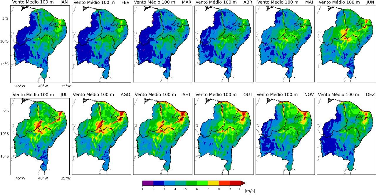  Variabilidade mensal média da velocidade do vento na região Nordeste