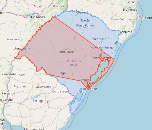 Área em vermelho no mapa com risco de chuva forte, descargas elétricas, rajadas de ventos e eventual queda de granizo.