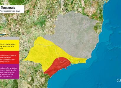 Mapa de risco de temporais no Sudeste do BR nesta quinta-feira, 07/12/2023. Fonte: Climatempo