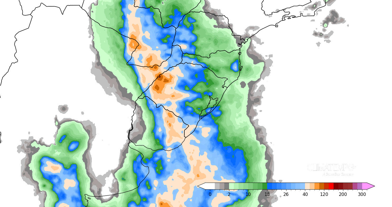 Figura 1 - Acumulado de chuva previsto entre o dia 16 e 17 de abril de 2024. Fonte: <a href='https://www.climatempo.com.br/' >Climatempo</a>