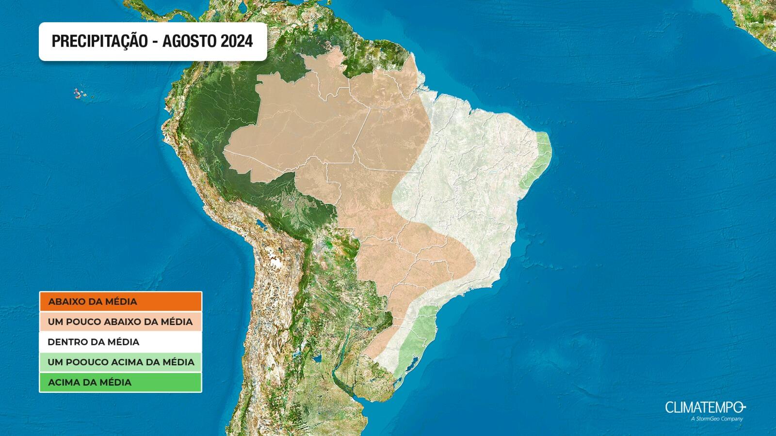 Figura 1- Precipitação para agosto no Brasil. Fonte: <a href='//www.climatempo.com.br/' >Climatempo</a>