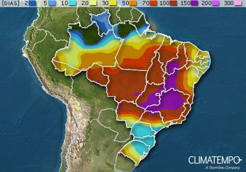 Figura 1- Mapa de dias sem chuva. Fonte: <a href='https://www.climatempo.com.br/' >Climatempo</a>. 