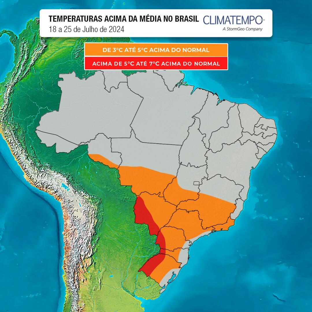 Figura 1- Temperaturas acima da média no Brasil Fonte: <a href='https://www.climatempo.com.br/' >Climatempo</a>