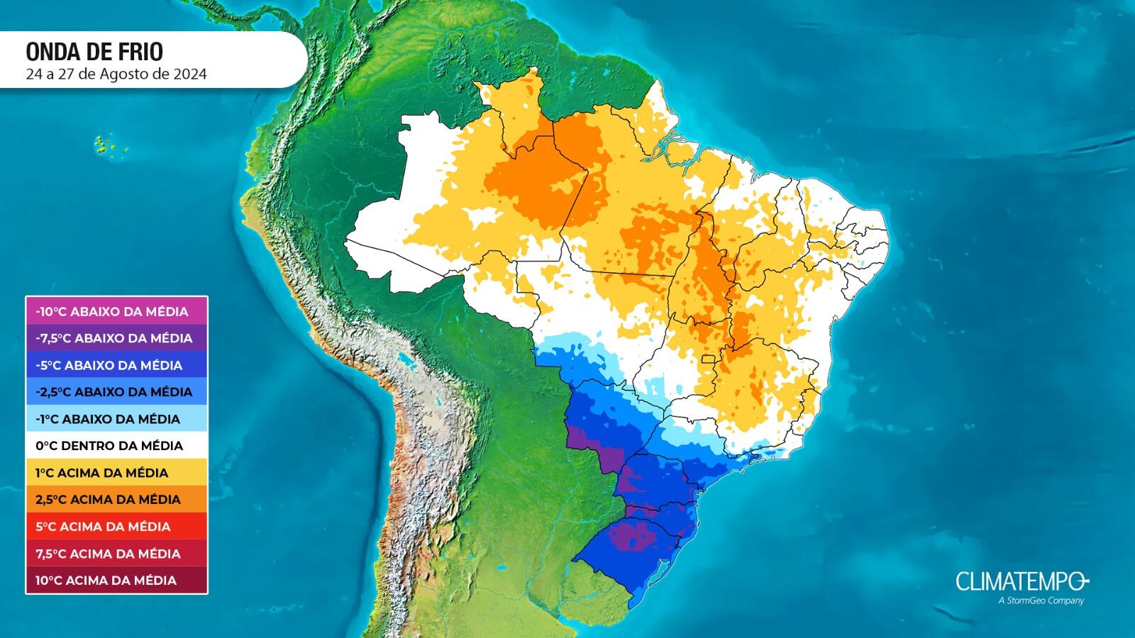 Figura 1 - Mapa de onda de frio da semana que vai de 24 de agosto a 27 de agosto. Fonte: <a href='//www.climatempo.com.br/' >Climatempo</a>. 