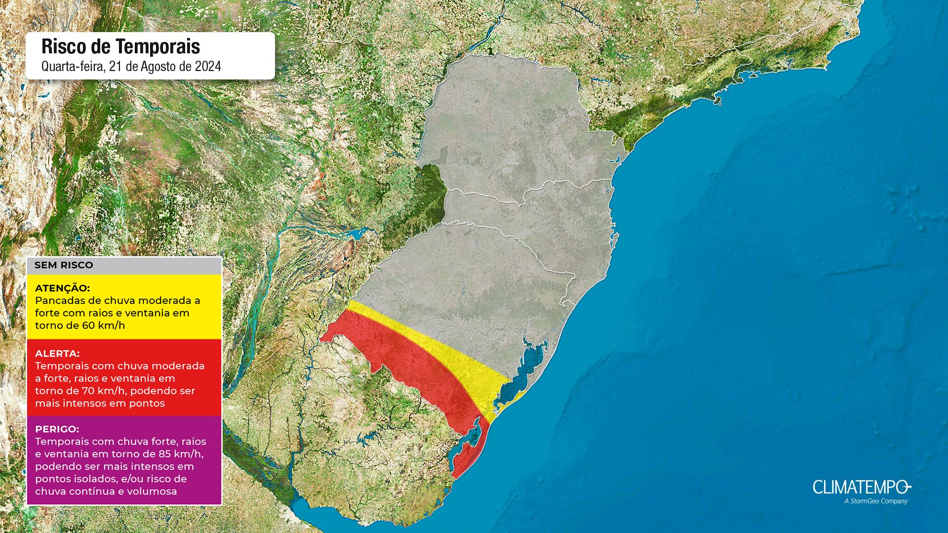 Figura 1 - Alerta para temporais nesta quarta-feira 21/08. Fonte: <a href='https://www.climatempo.com.br/' >Climatempo</a>