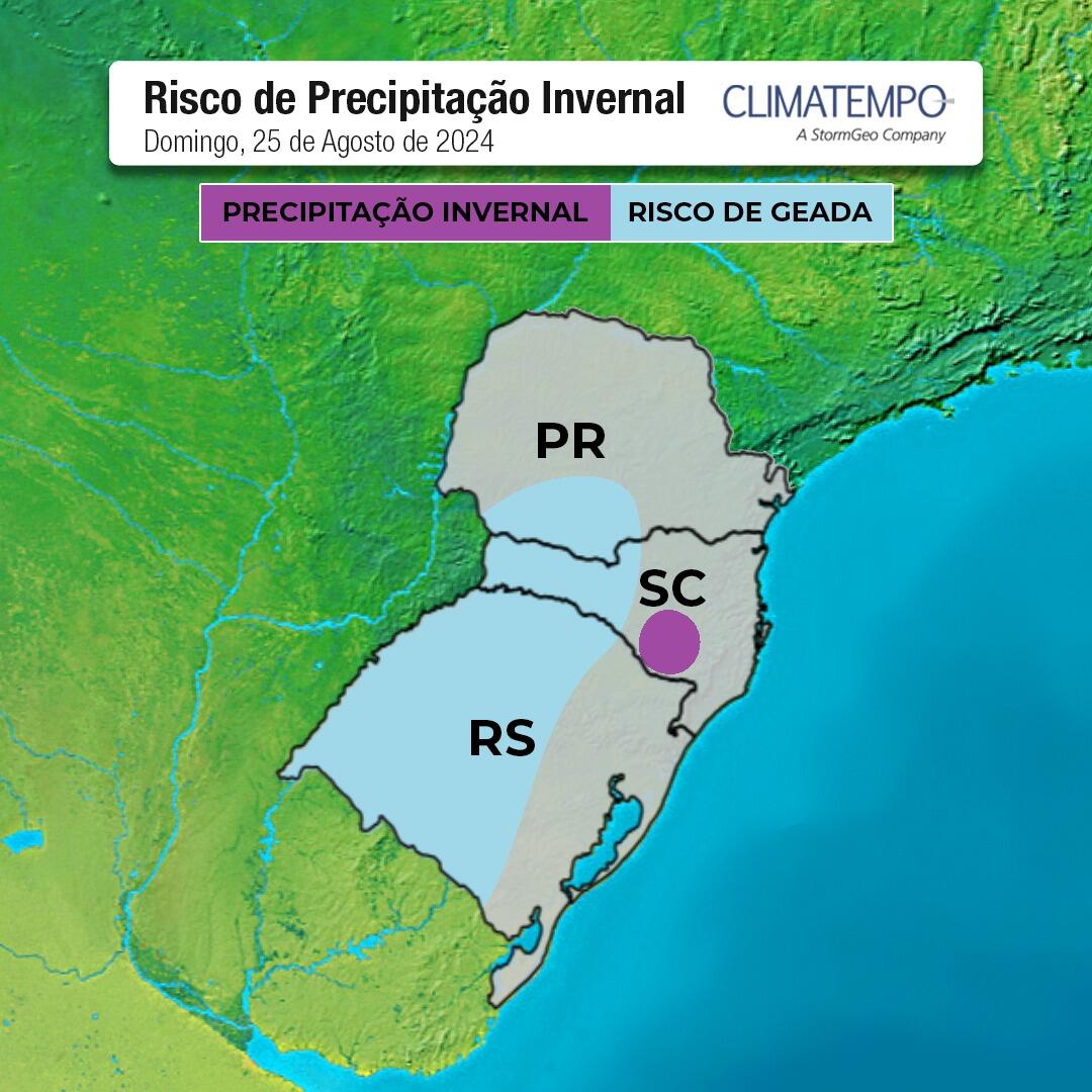 Figura 2 - Risco de precipitação invernal e geada no domingo. Fonte: Climatempo.