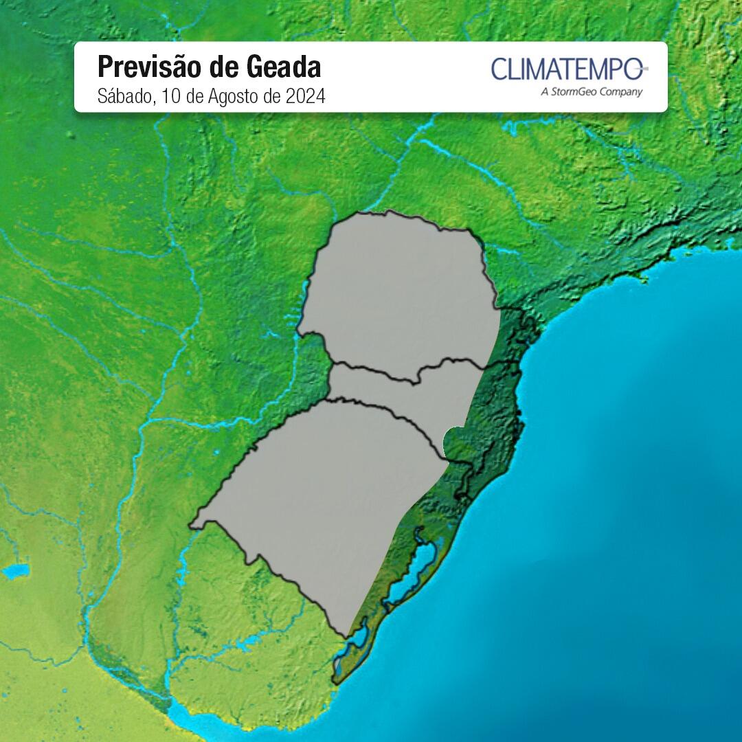 Figura 2 - Previsão de geada para domingo. Área em cinza no mapa. Fonte: <a href='https://www.climatempo.com.br/' >Climatempo</a>.