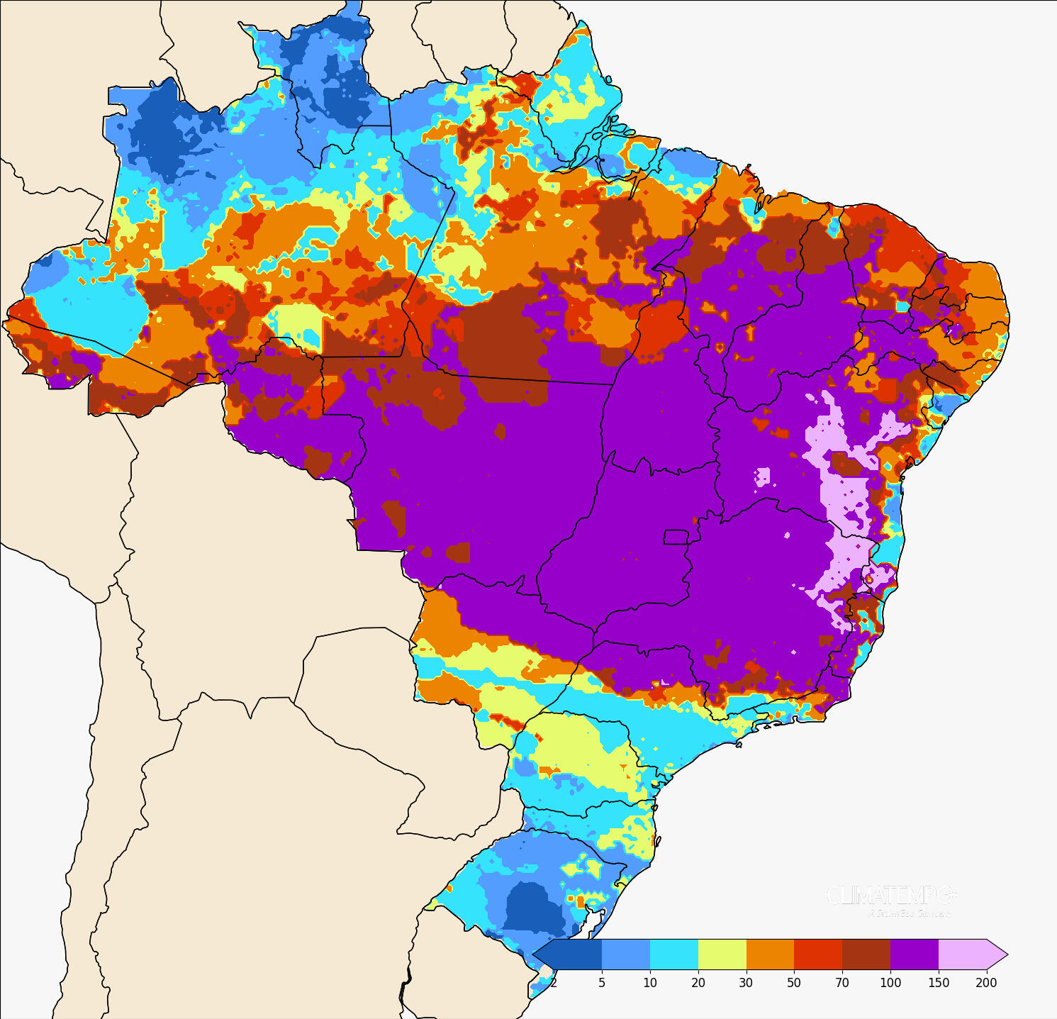 Figura 1 - Quantidade de dias sem chuva, no Brasil. Fonte: <a href='https://www.climatempo.com.br/' >Climatempo</a>