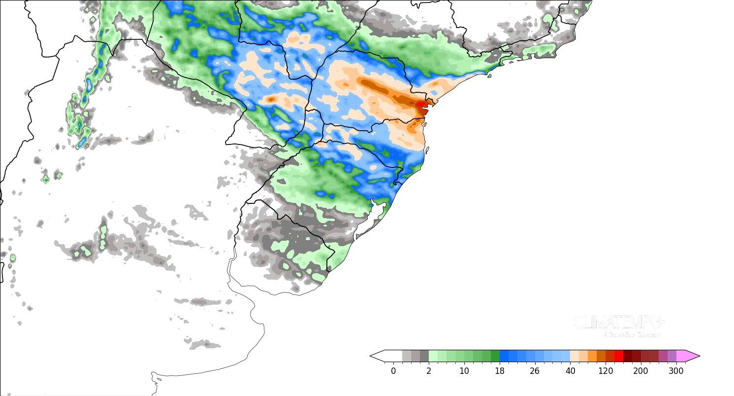 Figura 1- Acumulado de chuva entre 13 de setembro e 17 de setembro de 2024. Fonte <a href='https://www.climatempo.com.br/' >Climatempo</a>