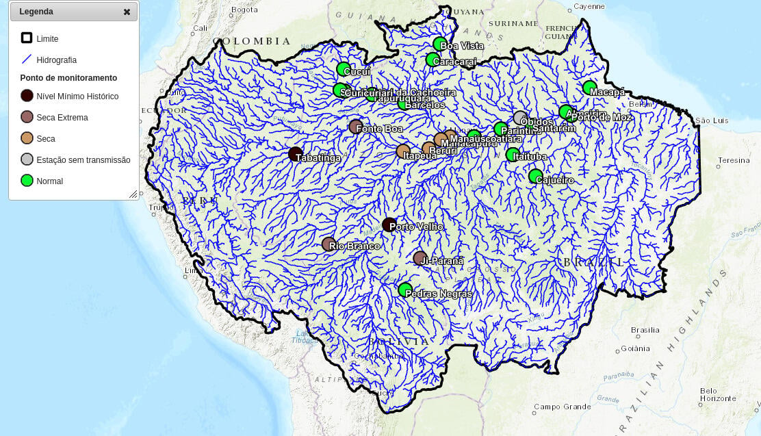 Figura 1 - A imagem que você forneceu mostra um mapa de monitoramento hidrológico da Bacia Amazônica