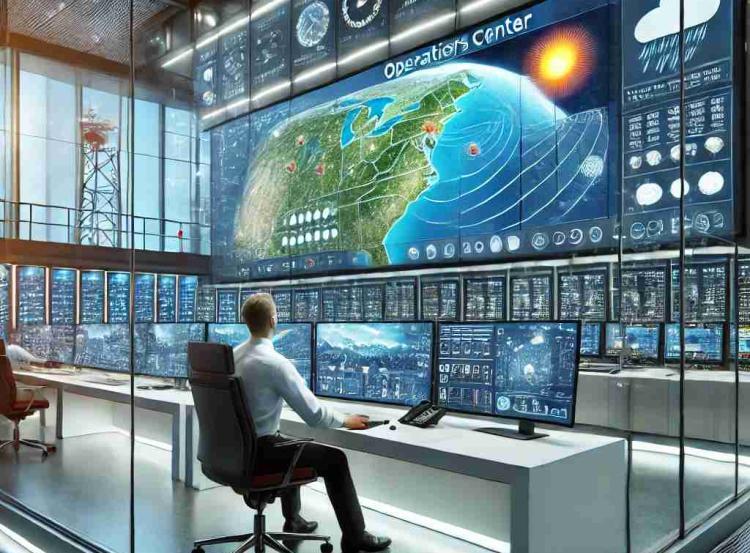 Imagem gerada por inteligência artificial representando um centro de operações com um meteorologista in loco