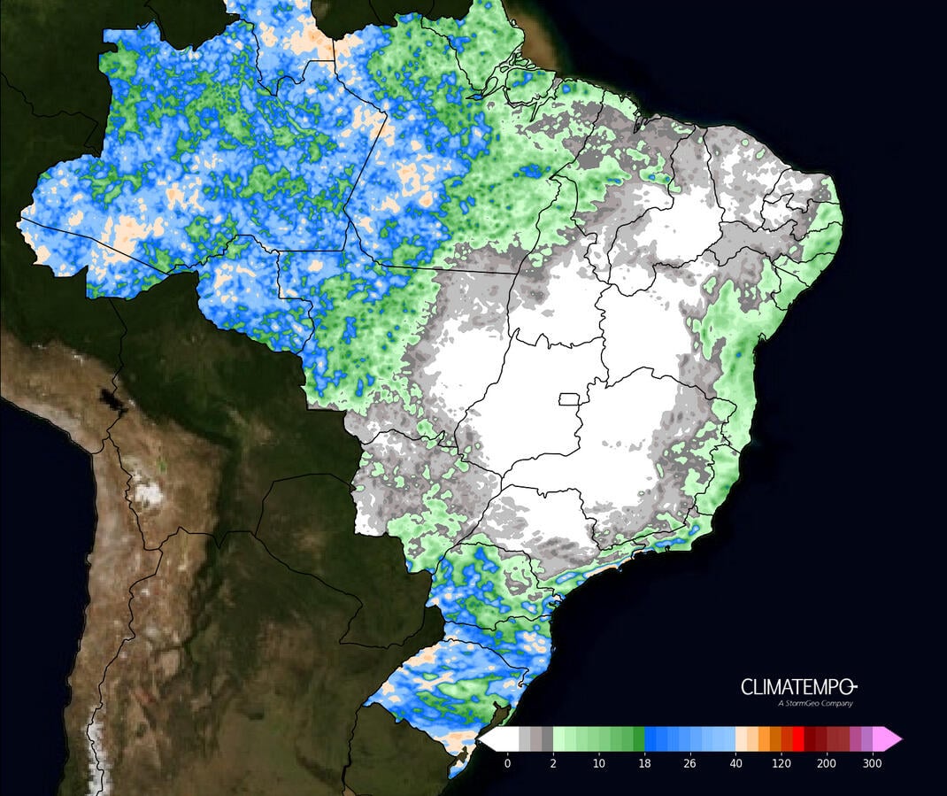 Figura 1 - Quantidade de chuva prevista em mm para o Brasil entre 30 de setembro de 2024 e 04 de setembro de 2024. Fonte : Climatempo.