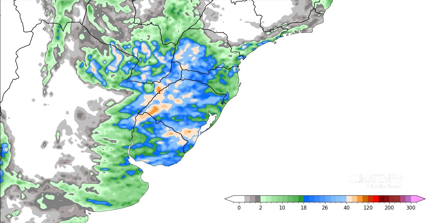 Figura 1 - Acumulado de chuva entre 30/09 e 04/10. Fonte: <a href='https://www.climatempo.com.br/' >Climatempo</a>.