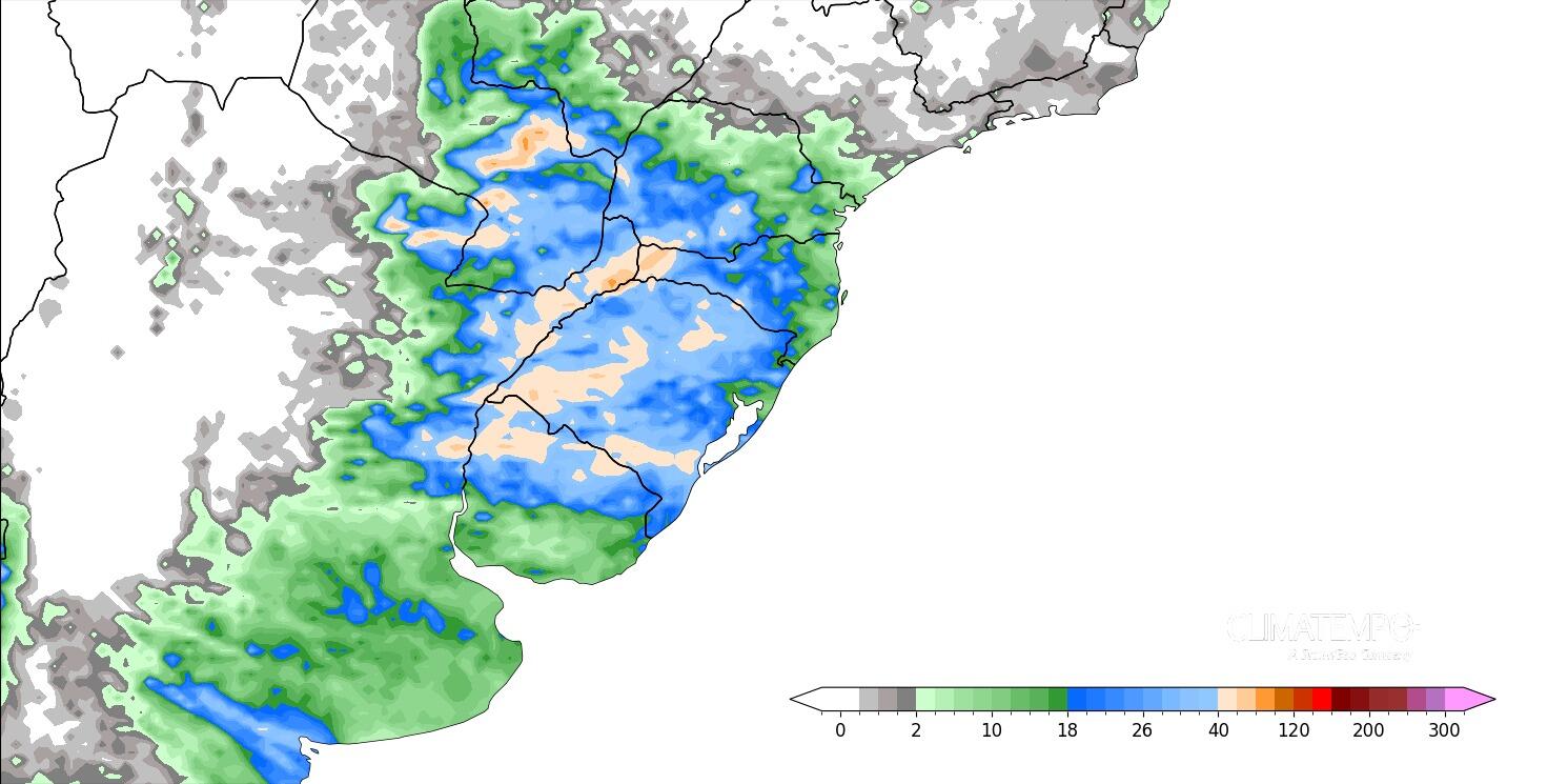 Figura 1 - Acumulado de chuva previsto entre 19 de setembro e 21 de setembro. Fonte: <a href='https://www.climatempo.com.br/' >Climatempo</a>