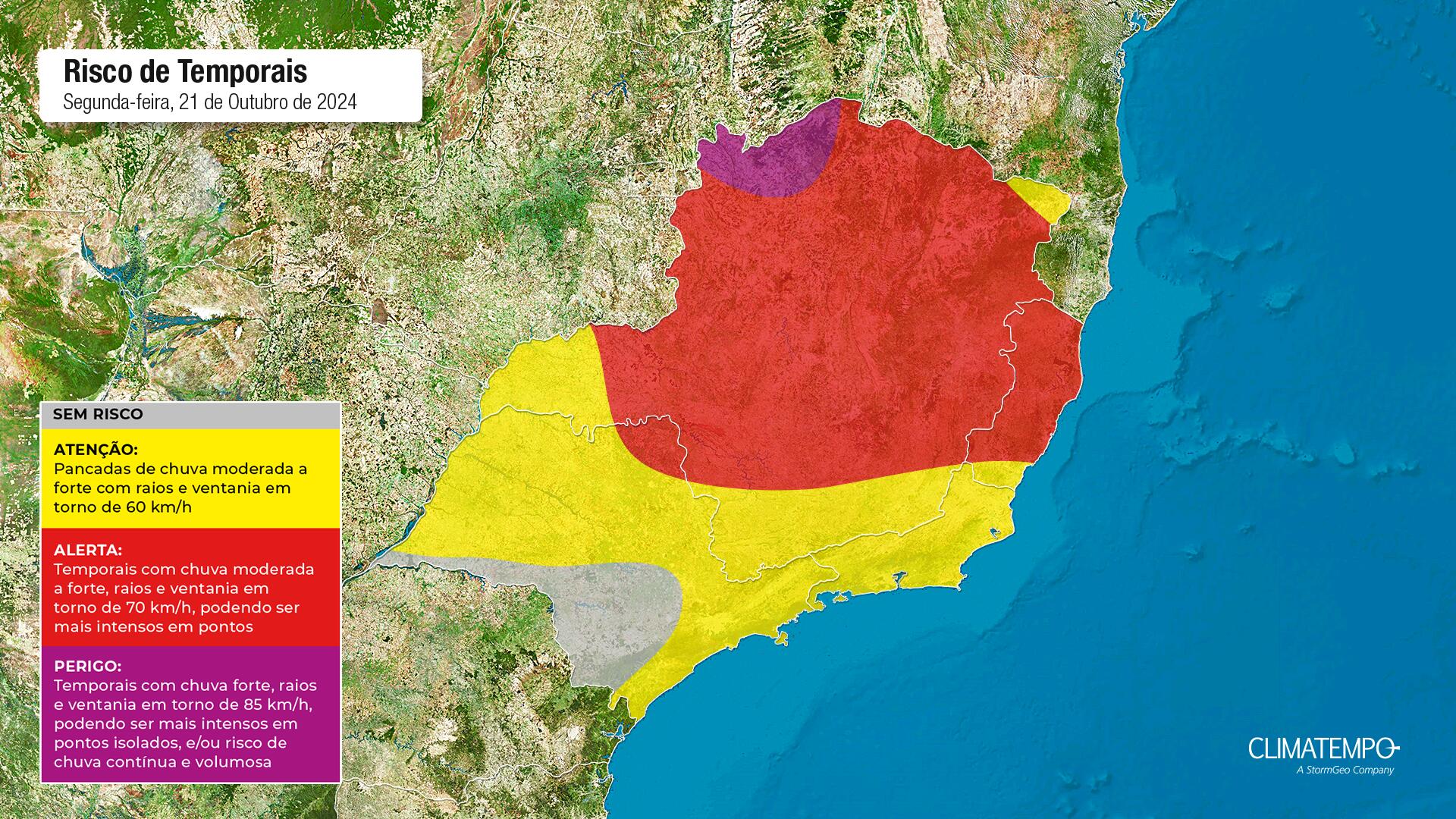 Figura 1- Mapa de temporais para esta segunda-feira. Fonte: <a href='https://www.climatempo.com.br/' >Climatempo</a>