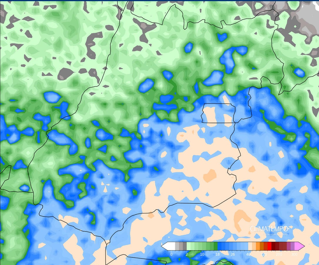 Figura 1- Chuva acumulada esperada entre 09 de outubro de 2024 e 13 de outubro de 2024. Fonte: <a href='https://www.climatempo.com.br/' >Climatempo</a>.