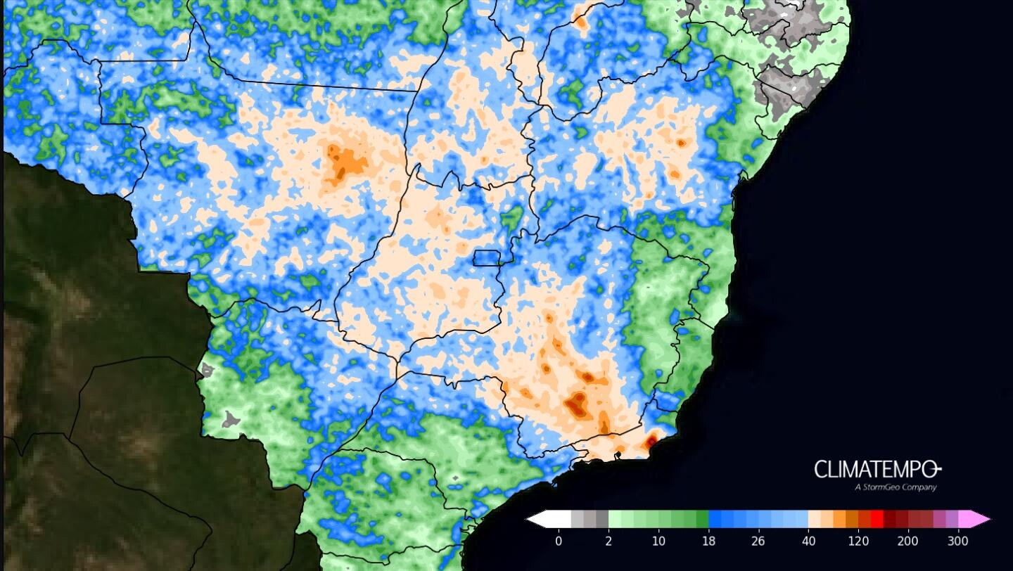 Fonte 1 - Acumulado de chuva esperado entre 18 de outubro de 21 de outubro de 2024. Fonte: <a href='https://www.climatempo.com.br/' >Climatempo</a>