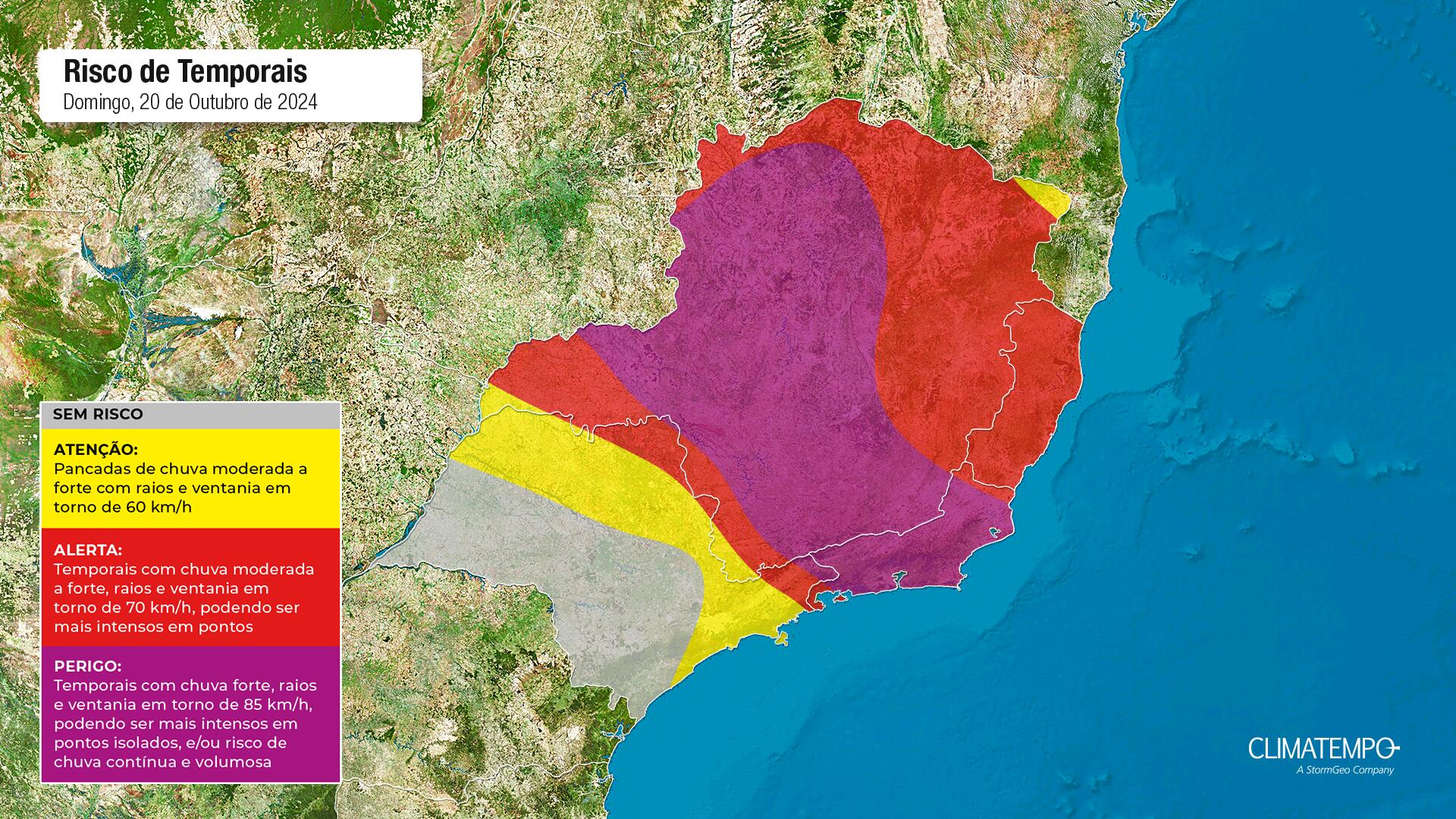 Figura 1- Mapa de risco para este domingo. Fonte <a href='https://www.climatempo.com.br/' >Climatempo</a>