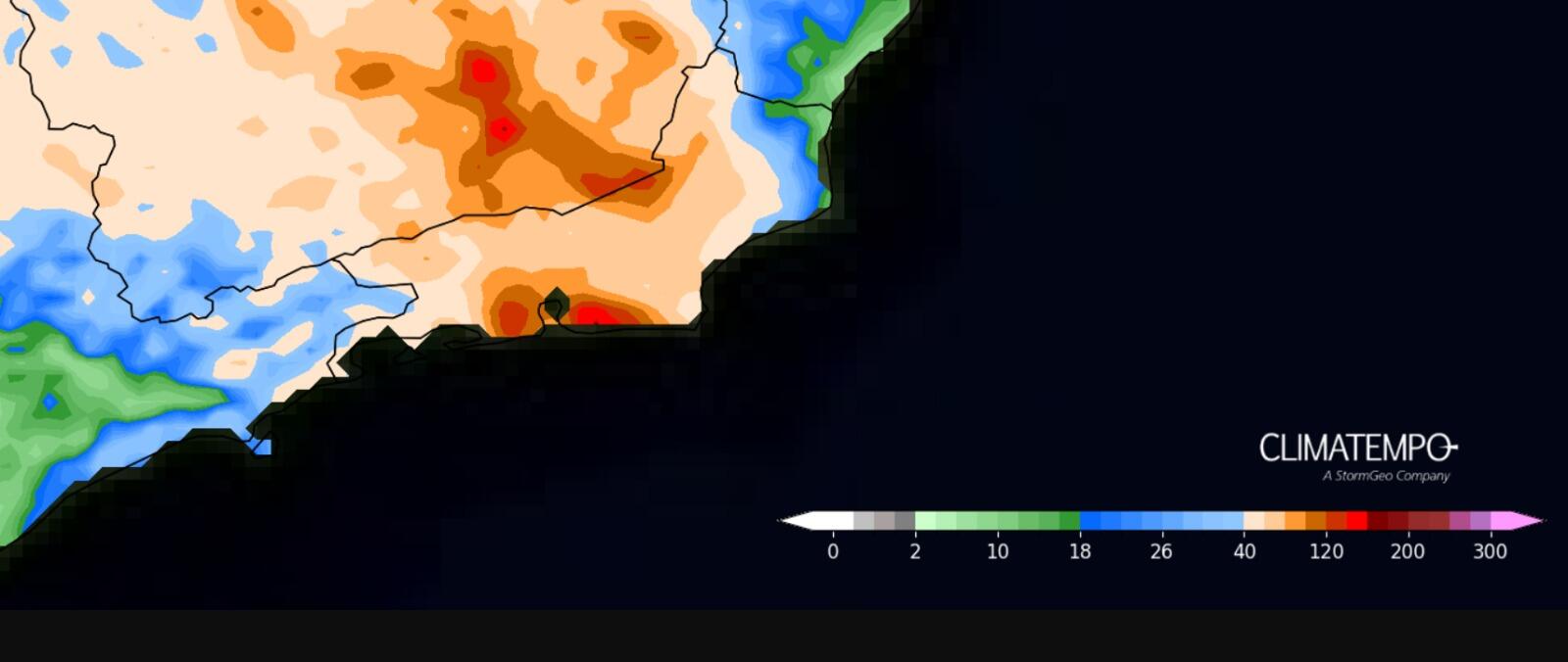 Figura 1- Acumulado de chuva esperado entre 17 de outubro de 21 de outubro. Fonte: <a href='https://www.climatempo.com.br/' >Climatempo</a>