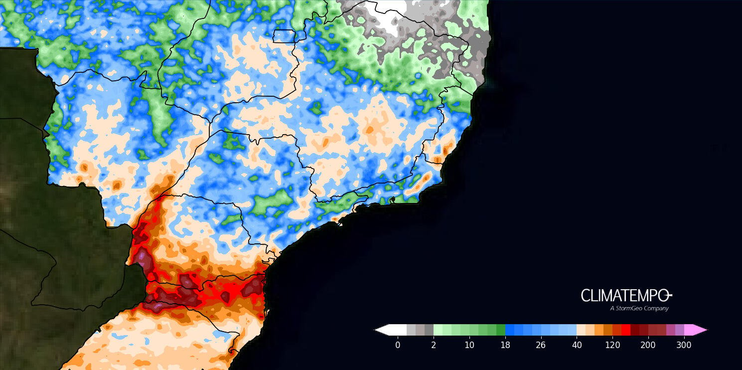 Figura 1- Acumulado de chuva entre 07 de outubro e 13 de outubro de 2024. Fonte: <a href='https://www.climatempo.com.br/' >Climatempo</a>