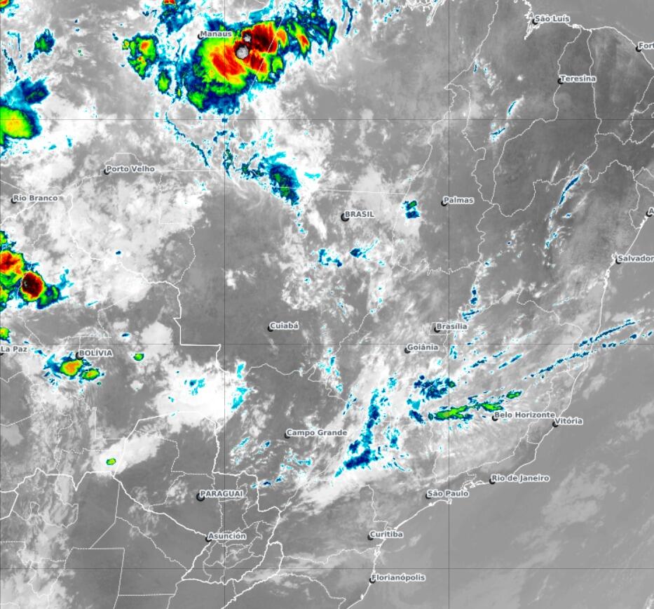 Figura 3 - Imagem de satélite de hoje, mostra o Brasil sem fumaça em boa parte do seu território. Fonte: CPTEC/INPE