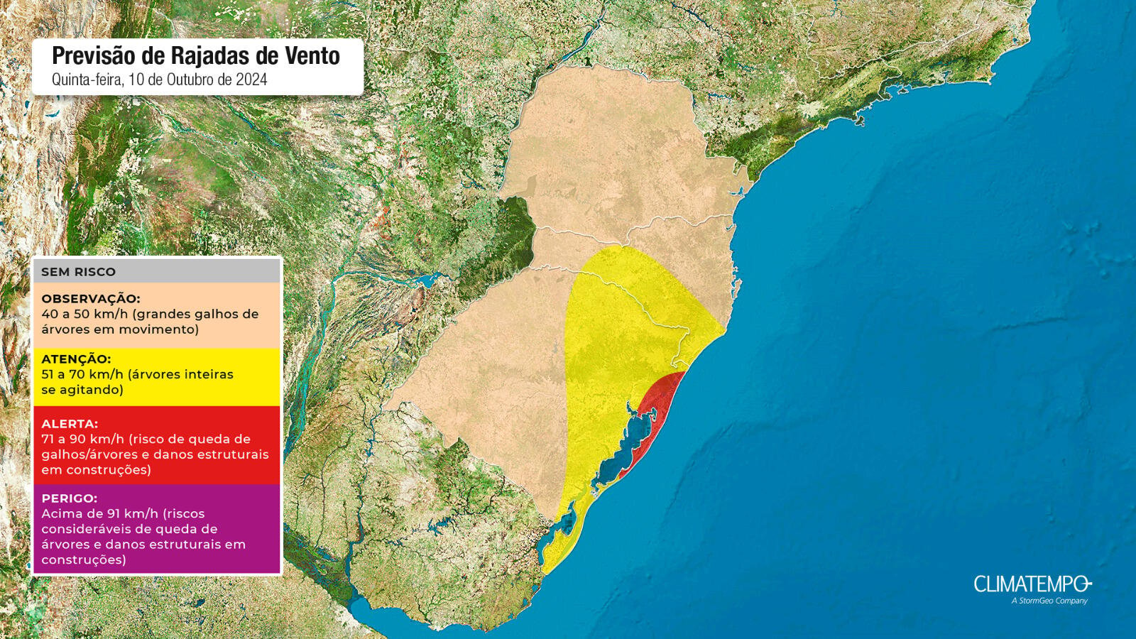 Figura 2- Rajadas de vento previstas para esta quinta-feira. Fonte: Climatempo