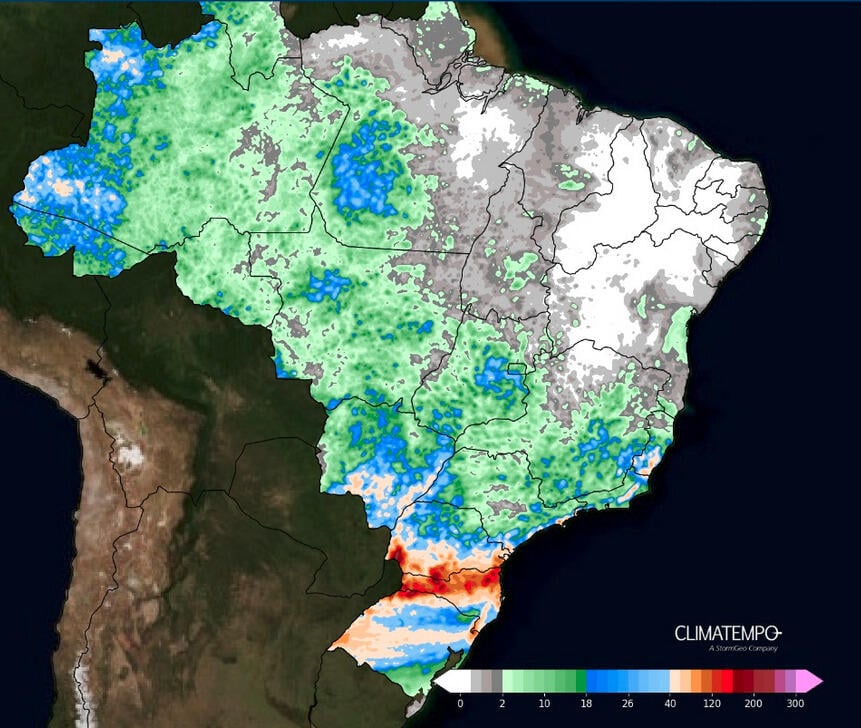 Figura 1- Acumulado de chuva esperado entre 07 de outubro e 11 de outubro de 2024. Fonte <a href='https://www.climatempo.com.br/' >Climatempo</a>.