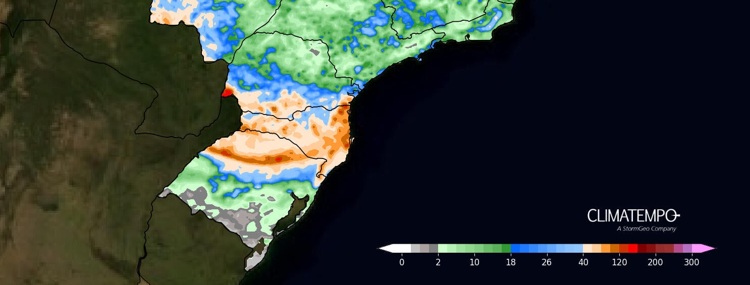 Figura 1- Acumulado de chuva esperado entre quarta e sexta-feira no Sul do Brasil. Fonte: <a href='https://www.climatempo.com.br/' >Climatempo</a>.