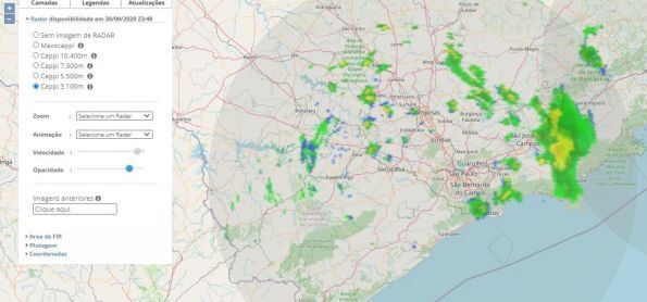Radar São Roque mostrando núcleos de chuva no interior de SP 30/09/20