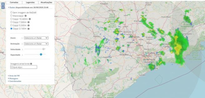 Radar São Roque mostrando núcleos de chuva no interior de SP 30/09/20